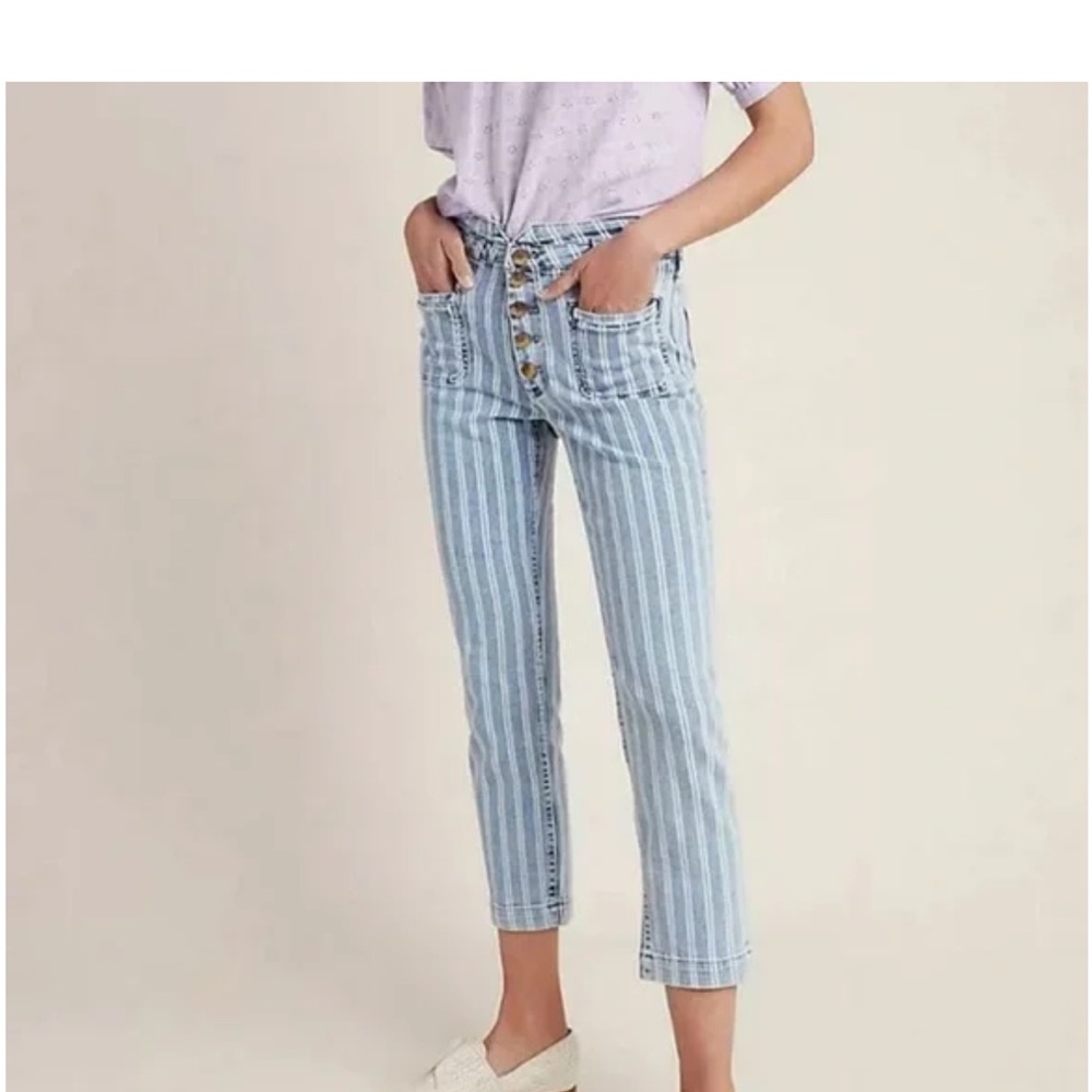 Anthropologie Pilcro High Rise Railroad Stripe Blue Slim Jean 27